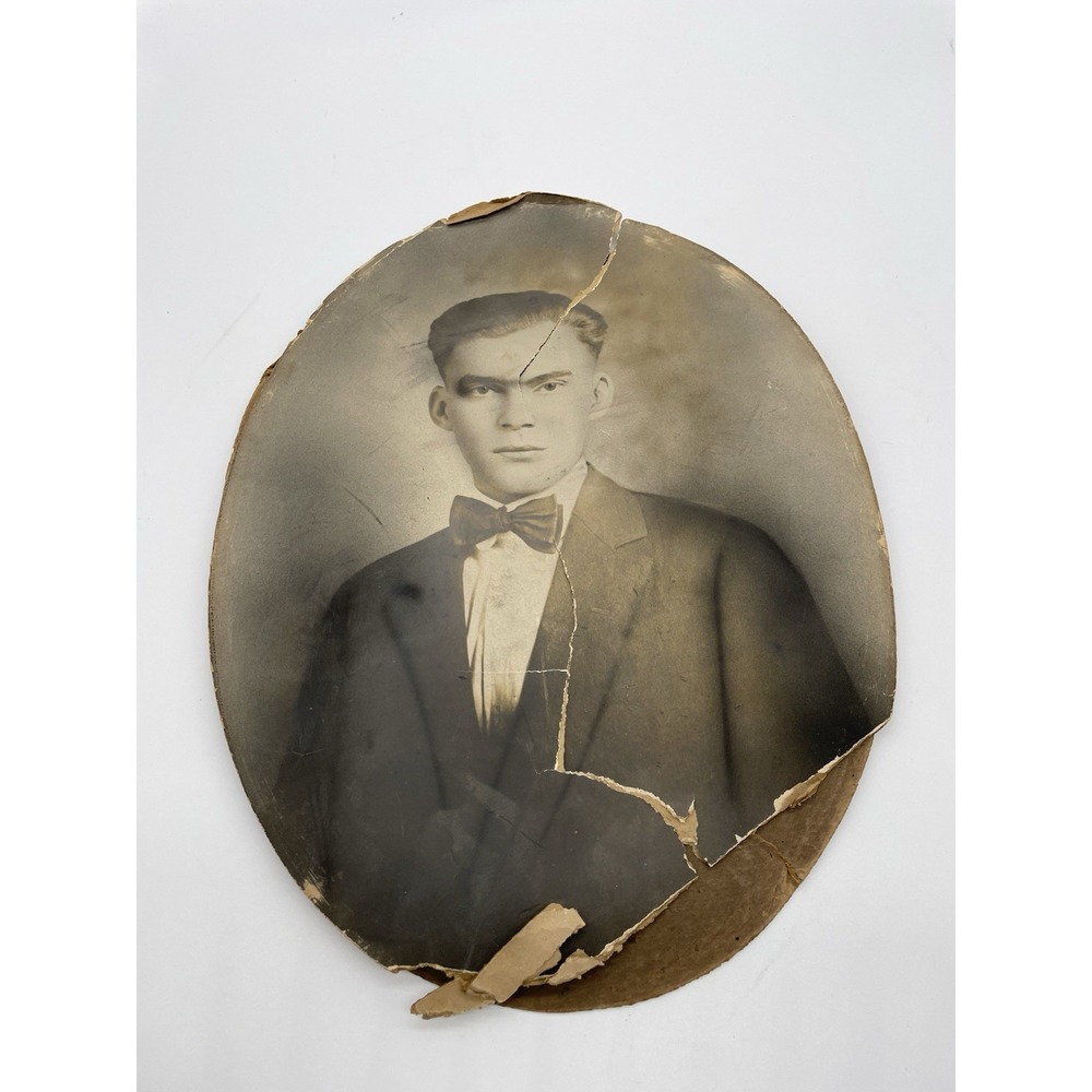 Antique Photo Man In Suit Bowtie, Portrait Oval, 13 x 10 inch, See Pics Damage